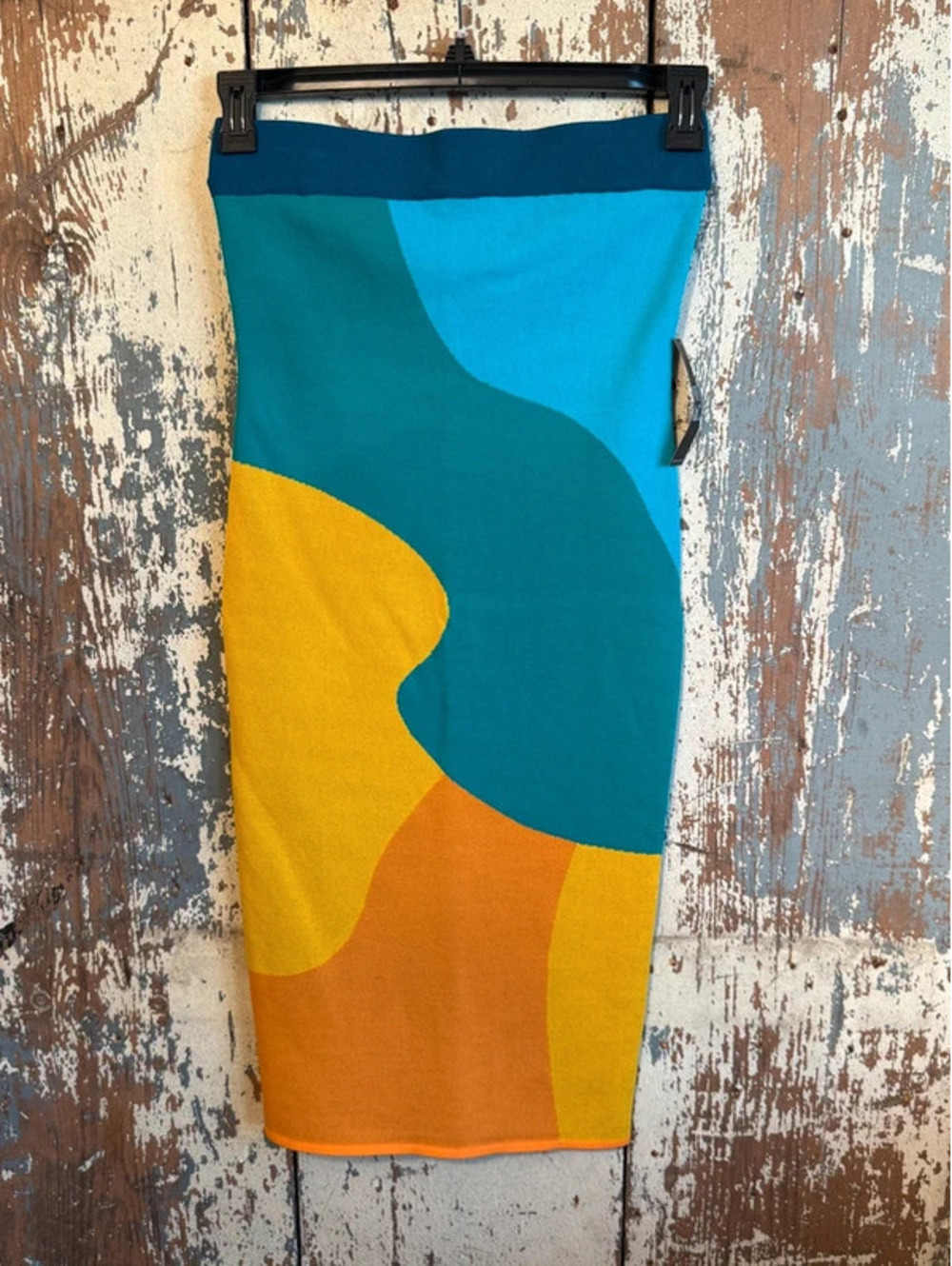 NWT New York & Company Abstract Colorblock Knit Pencil Dress Teal Blue XS